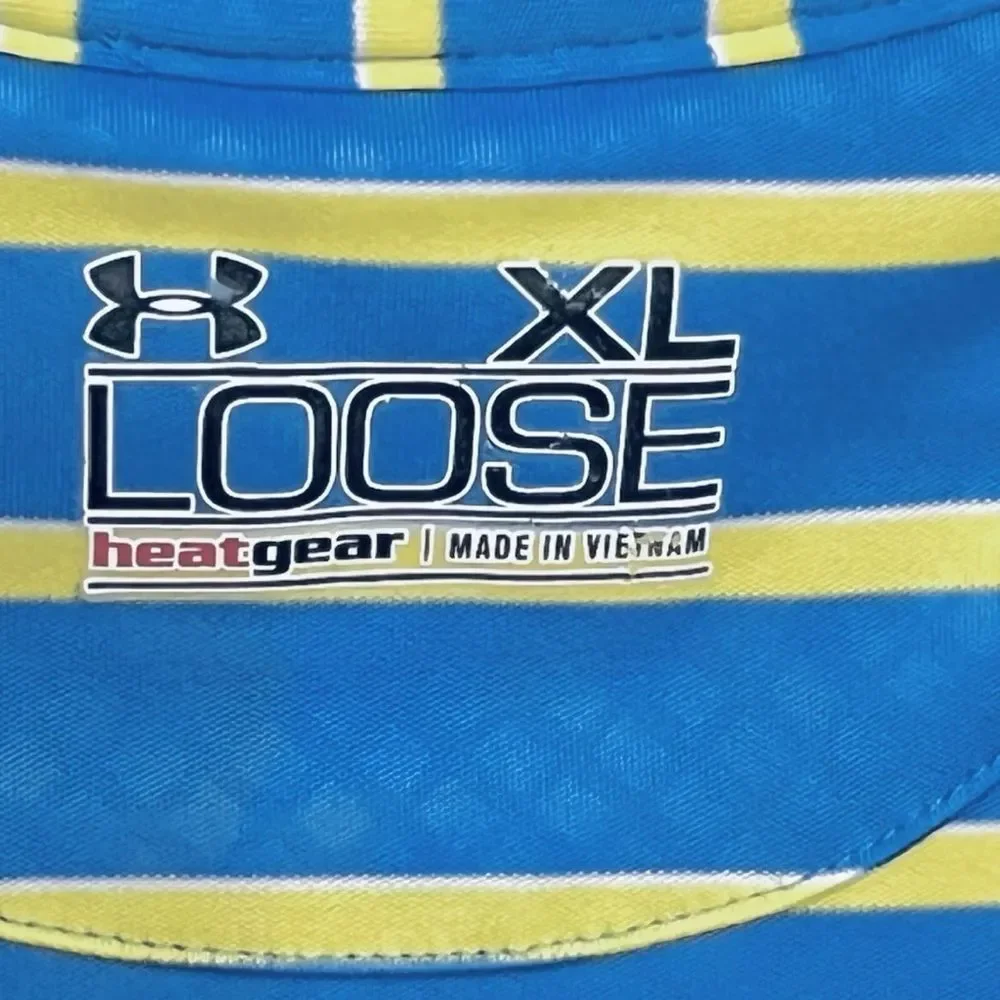 Under Armour Heat Gear Loose Polo  Florida Golf Course Blue Yellow Stripes Sz XL - Picture 11 of 12